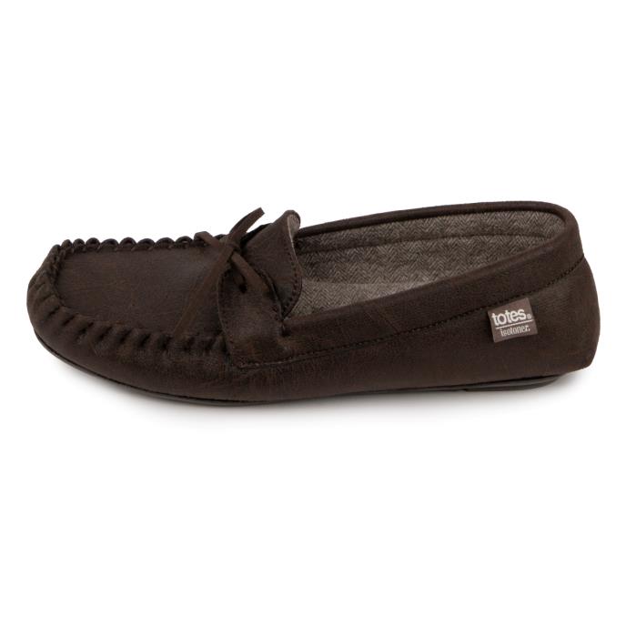 Isotoner Mens Distressed Moccasin Slipper With Herringbone Sock Brown Extra Image 3